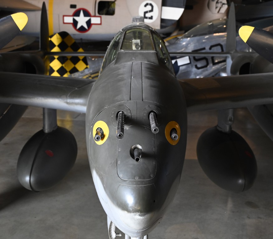 Lockheed P-38L Lightning on display in the World War II Gallery of the National Museum of the U.S. Air Force. The versatile Lightning performed many different missions during World War II, including dive bombing, level bombing, bombing through clouds, strafing, photo reconnaissance and long range escort. (U.S. Air Force photo by Ty Greenlees)